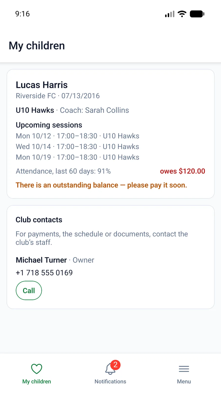 The family portal in the app