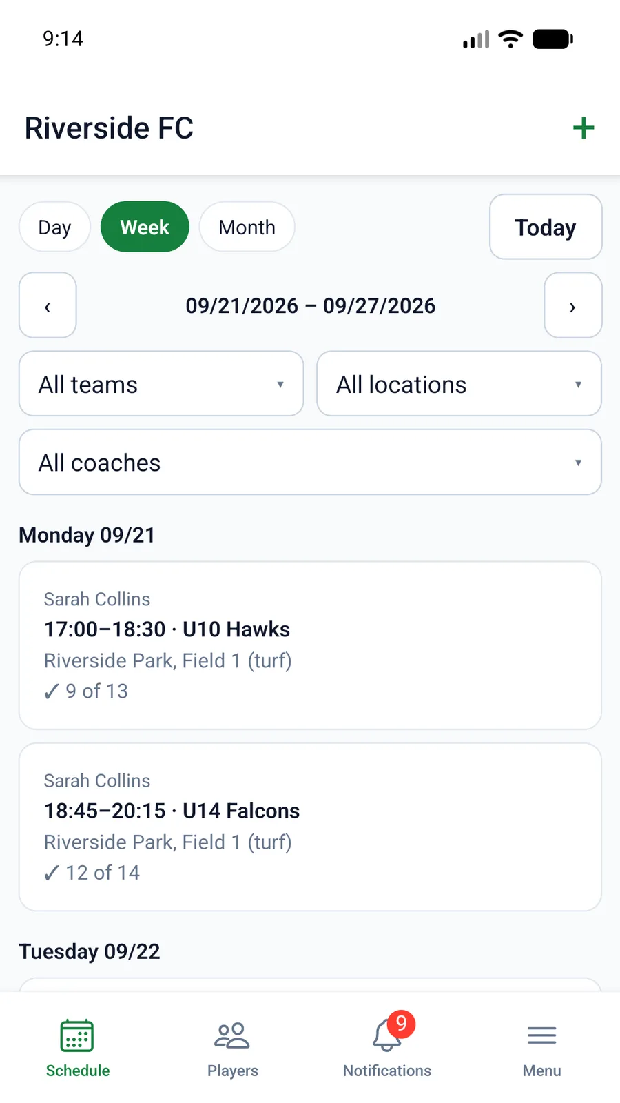 The schedule in the app