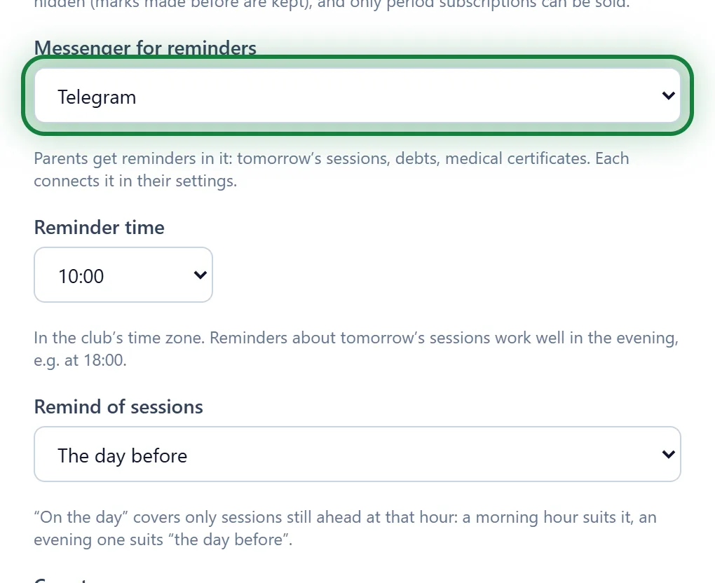 Club settings → Club: the messenger and reminder time