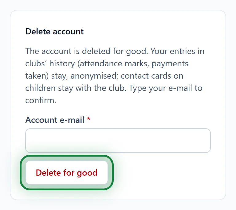 The Delete account card