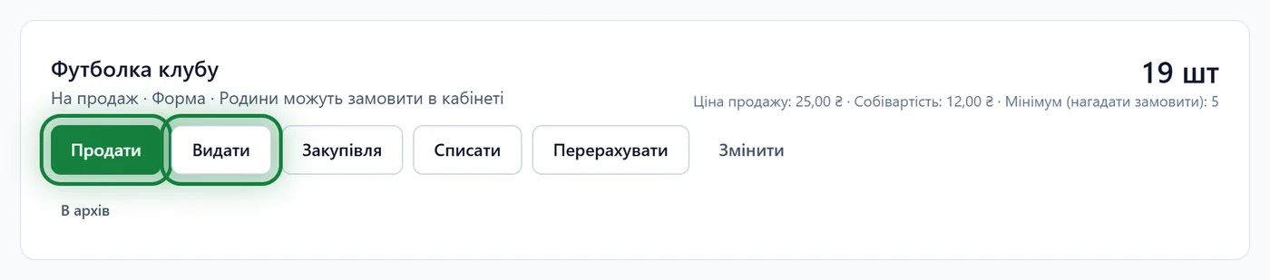 Позиція «Футболка клубу» з кнопками «Продати» й «Видати»