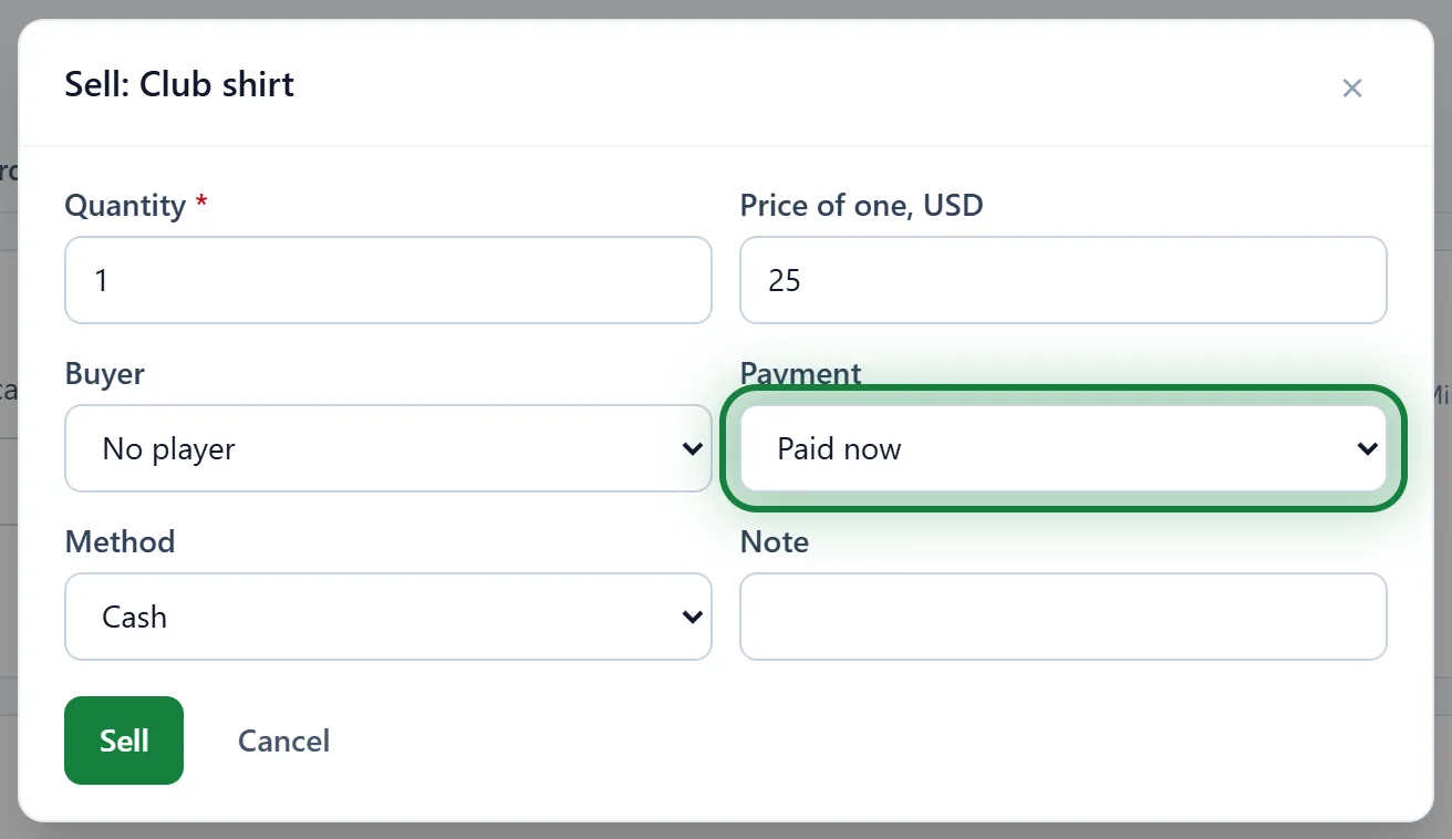 The Sell form with the Payment field