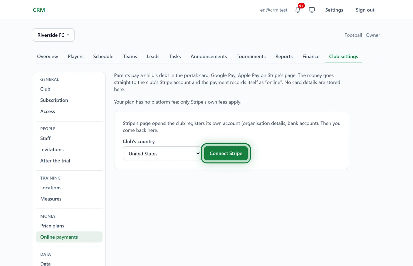 Club settings → Online payments