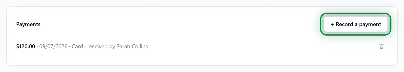 The "+ Record a payment" button in the Payments block