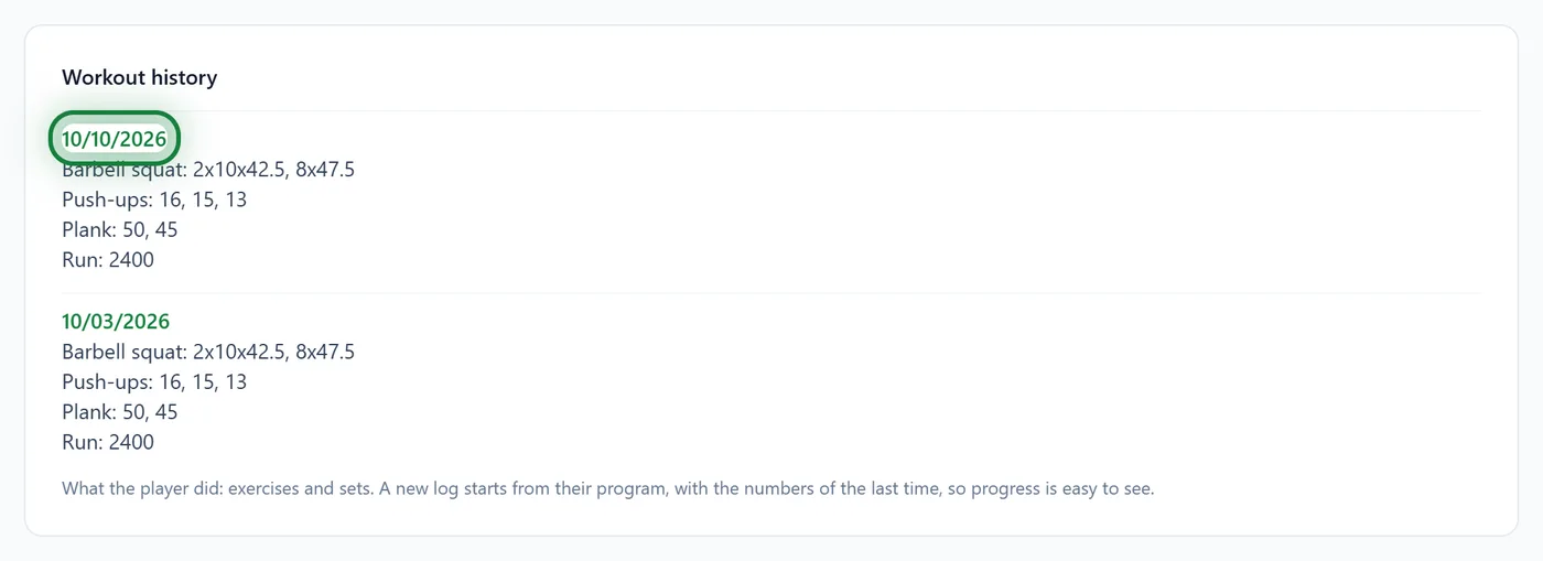 The workout history on the Workouts tab