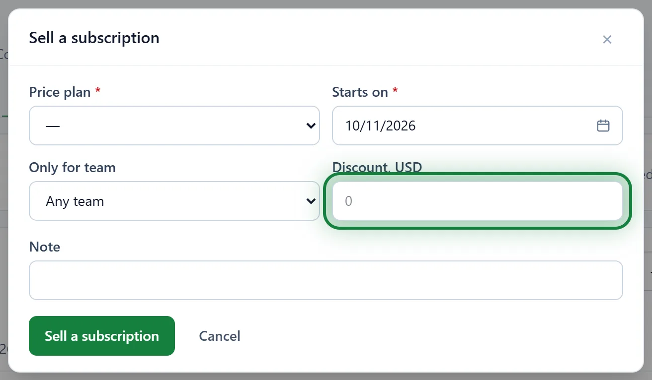 The "Sell a subscription" form and its Discount field
