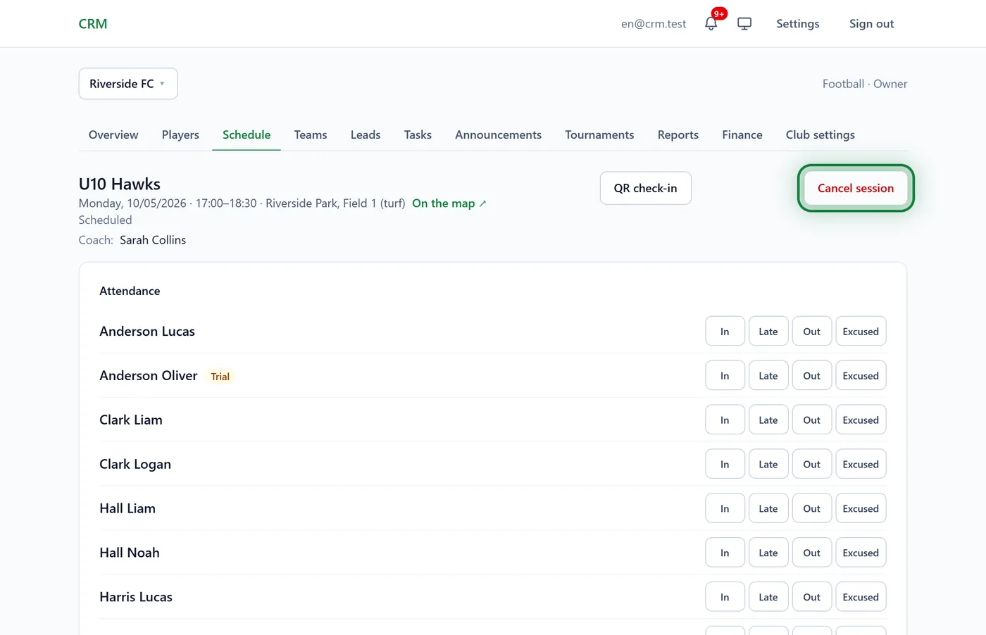 A session page and the "Cancel session" button