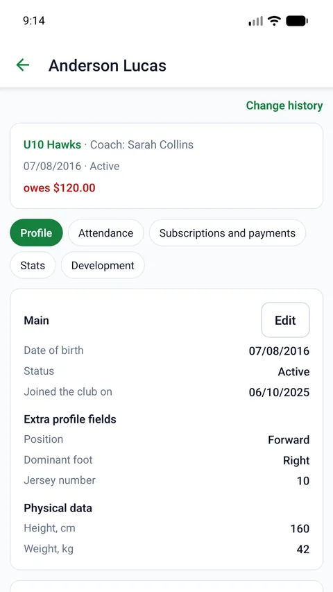 Player card: group, balance, club fields