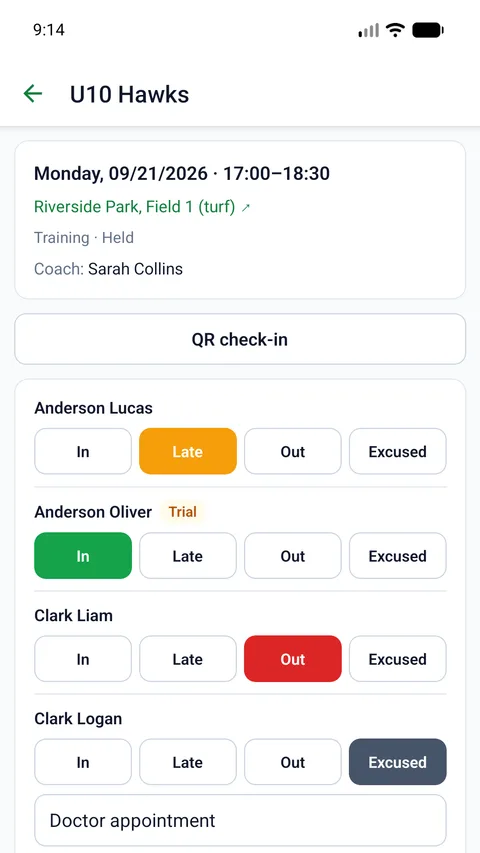 One-tap attendance, with the reason for an absence